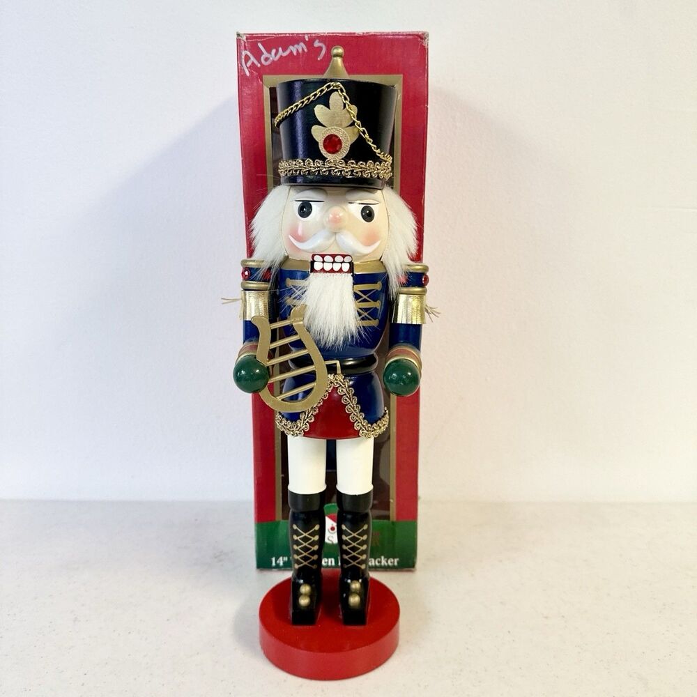 New Kurt Adler Wooden Nutcracker With Harp Christmas 13.5 Inch‎ Hand Crafted
